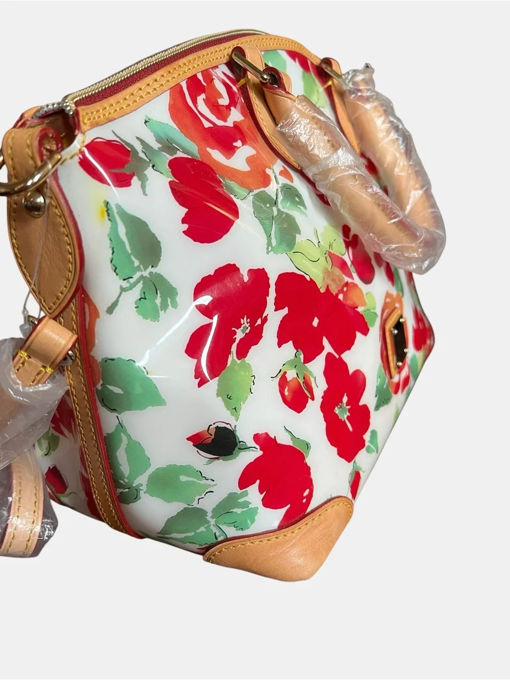 Dooney & Bourke Floral Dome Satchel with Red Floral Print and Tan Leather Trim